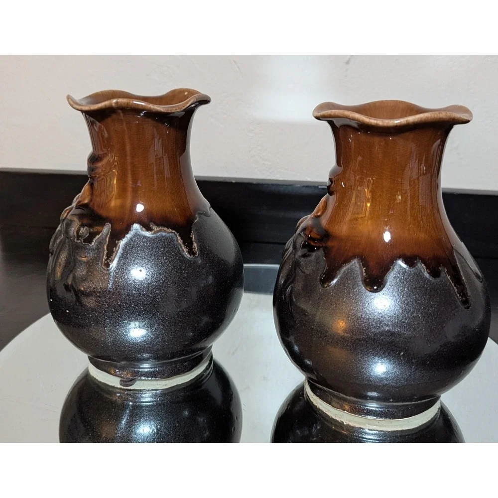 Vintage Flowers & Bows Raku Crackle Drip Glazed Scalloped Edge Vases, Set of Two